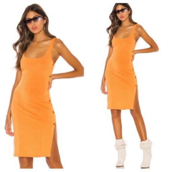 H:ours by Revolve Ribbed Orange Side Button Down Slit Bodycon Dress sz S - Picture 1 of 8